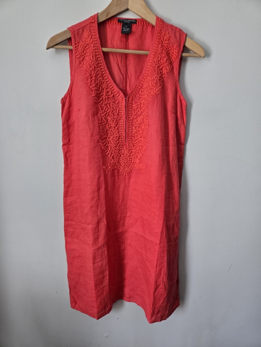 CHELSEA & THEODORE Coral Sleeveless Embroidered Shift Linen Dress